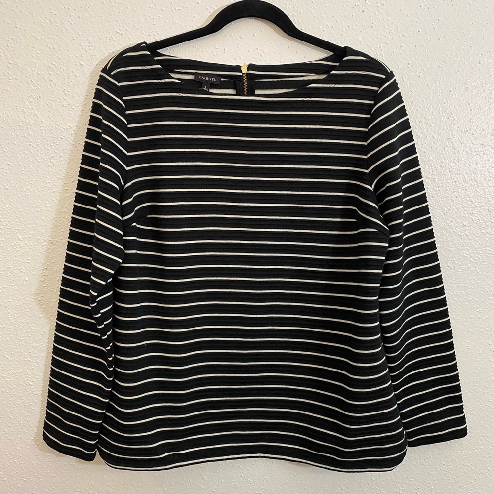Talbots Women’s Black Blue White Striped Long Sleeve Sweater Blouse Size Large